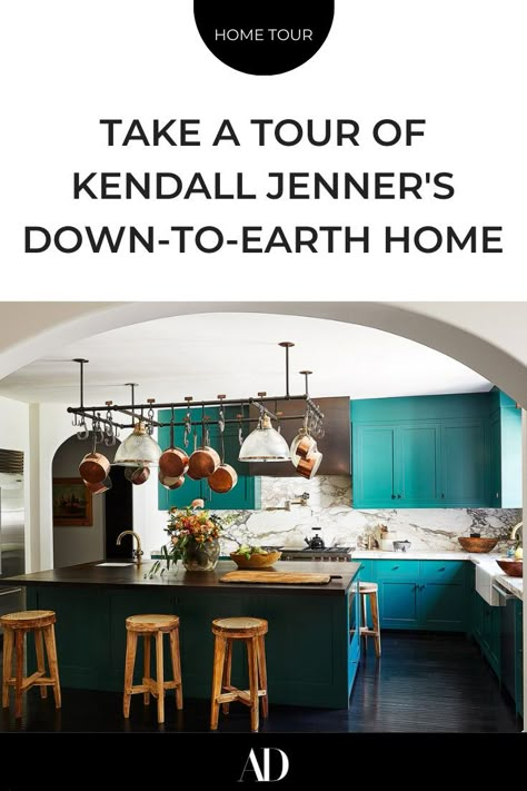 Hailey Bieber Kitchen, Copper And Teal Kitchen, Kendall Jenner Kitchen, Hall Paint, Moody Kitchens, Kendall Jenner House, Dramatic Kitchen, Teal Cabinets, Forest Kitchen