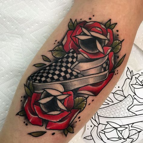 Neotraditional Vans Tattoo Checkerboard Vans Shoe Tattoo, Vans Tattoo Ideas, Checkerboard Tattoo, Vans Tattoo, Music Sleeve, Bedazzled Stuff, Shoe Tattoos, Flash Ideas, Ink Therapy