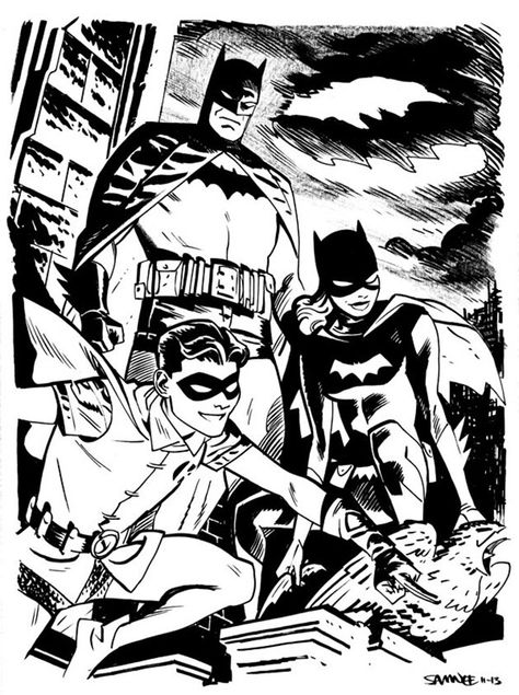 Batman, Robin and Batgirl by Chris Samnee Chris Samnee, Batgirl And Robin, Batman Artwork, Bruce Timm, Batman Universe, Im Batman, Batman And Robin, Dc Comics Characters, Batman Family