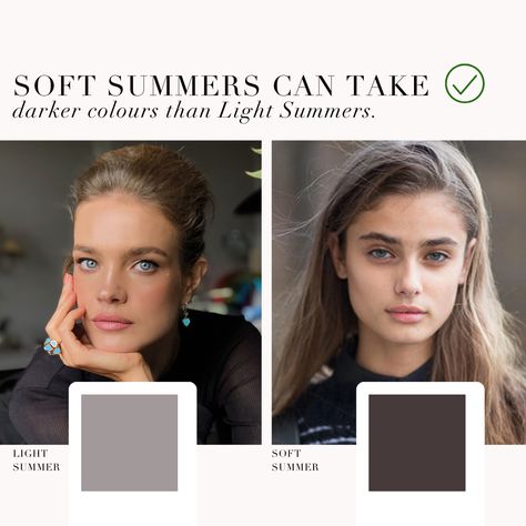 Light Summer VS Soft Summer comparison. What are the differences between the Light Summer Palette that neighbours Spring and the Soft Summer Palette that neighbours Autumn? ⁠ .⁠ #coloranalysis #colouranalysis #summerpalette #lightsummer #softsummer #coloranalyst Soft Summer Flamboyant Natural, Soft Summer Drugstore Makeup, Light Summer Vs True Summer, Soft Summer Inspiration, Soft Summer Jeans, Soft Summer Brunette, Soft Summer Makeup Looks, Soft Summer Hair, Light Summer Palette