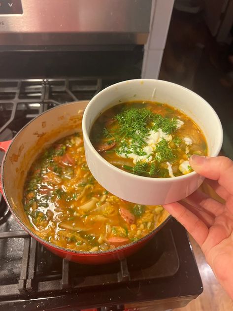 soup with kielbasa, cabbage, and beans sticking out of it covered in dill and yogurt Kielbasa And Cabbage, Cooking Dried Beans, Frozen Shrimp, Cooking Essentials, White Bean Soup, Cabbage Soup, Kielbasa, Dried Beans, Bean Soup