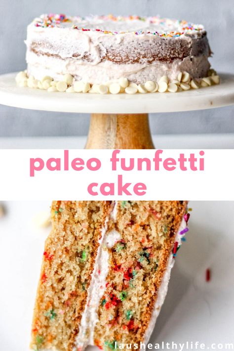 This gluten-free funfetti cake is also 100% grain-free  has dairy-free  keto options. It is rich, flavourful  has an incredible texture. Whether or not it’s your birthday this is a great treat to whip up any day! #funfetticake #glutenfreecake #glutenfreebaking #paleobaking #paleocake Paleo Birthday Cake, Gluten Free Funfetti Cake, Paleo Baking Recipes, Paleo Cake, Vegetarian Gluten Free, Paleo Recipes Dessert, Paleo Baking, Paleo Sweets, Delicious Gluten Free Recipes