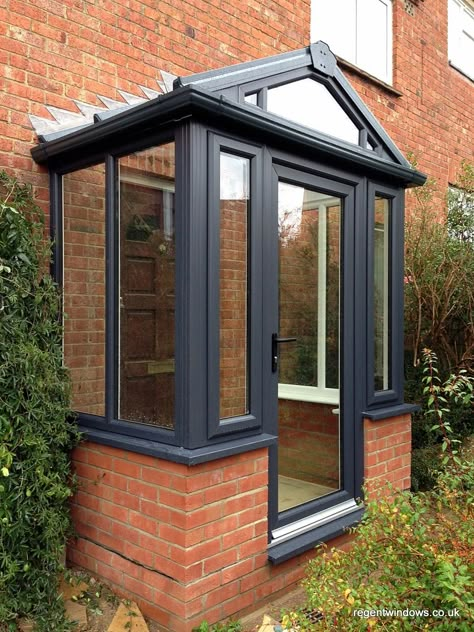 Grey on White upvc Porch Porch Designs Uk, Upvc Porches, Porch Extension, Screened In Porch Diy, Sas Entree, Veranda Design, Glass Porch, Farmhouse Exterior Design, Building A Porch