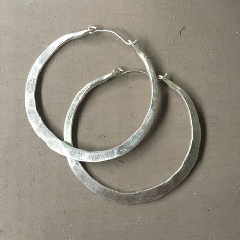 Hoop Earrings / Sterling Silver /Silver Hoops / Sterling | Etsy How To Make Hammered Silver Jewelry, Sterling Silver Hoop Earrings Handmade, Thick Silver Hoops, Big Silver Hoop Earrings, Silver Hoops Earrings, Boho Silver Earrings, Handmade Silver Earrings, The Bling Ring, Earrings Big