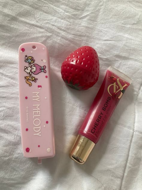 Strawberry Cosmetics, Strawberry Lips, Strawberry Makeup, Futuristic Makeup, Cute Lipstick, Strawberry Lip Balm, Hello Kitty Keychain, Flavored Lip Gloss, Shoujo Girl