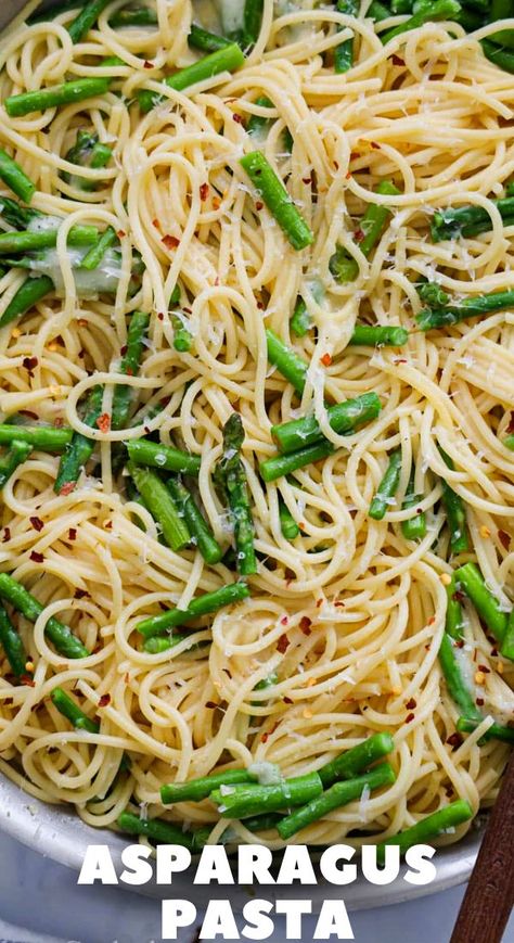 This Asparagus Pasta is made with al dente pasta, sauteed garlic and asparagus, and Parmesan cheese. It's simple, yet so delicious. Easy Pasta With Asparagus, Asparagus Pasta Recipes Healthy, Spaghetti With Asparagus Recipe, Angel Hair Pasta With Asparagus, Things To Make With Asparagus, Asparagus Linguine Pasta, Spaghetti With Asparagus, Noodles And Asparagus, Asparagus And Noodles Recipes