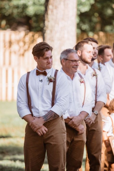 Wedding Suits With Suspenders, Mens Wedding Attire Khaki Pants, Rust Colored Groomsmen, Rustic Wedding Clothes For Men, Groom And Groomsmen Attire Boho, October Wedding Mens Attire, Men’s Khaki Wedding Outfit, Suspender Groomsmen Attire, Groomsmen Khakis And Suspenders