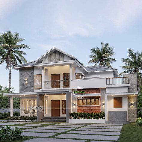 Kerala Home with Kitchen Well Sloped Roof Houses, Kerala Home Design Modern, Sloping Roof Architecture, New Model House, Kerala Traditional House, Kerala Home Design, House Models, Sloping Roof, Kerala Home