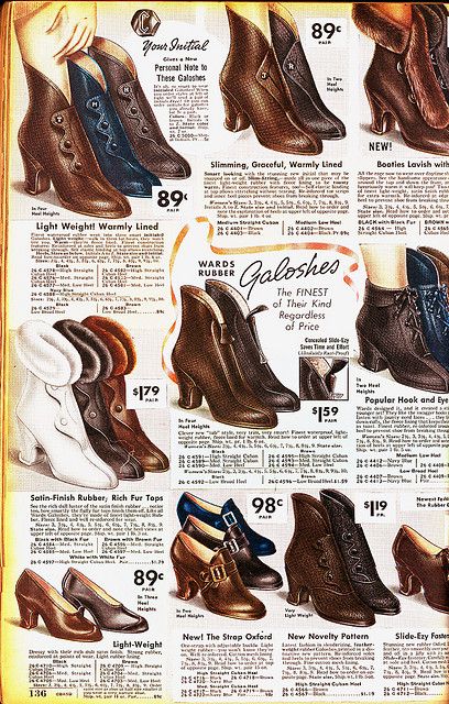 Galoshes Montgomery Ward 1936-37 30s 40s shoe boot rain gear color photo print ad illustration catalogue women ladies Historical Shoes, Women Illustration, 1930 Fashion, 30s Fashion, Montgomery Ward, Retro Mode, 1930s Fashion, Retro Shoes, Vintage Winter