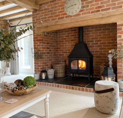 Stove Living Room Ideas, Wood Burning Stove Living Room, Stove Living Room, Wood Log Ideas, Exposed Brick Fireplaces, Wood Stove Hearth, Wood Burning Stoves Living Room, Log Ideas, Scottish Homes