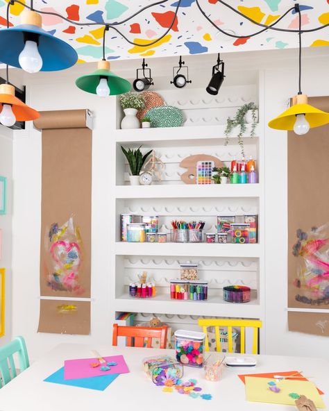 Art Supply Wall, Playroom Wall Colors, Studio Shelving, Functional Playroom, Cozy Cubicle, Blob Mirror, Perfect Laundry Room, Kids Art Studio, Colorful Playroom