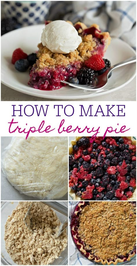 This Triple Berry Pie isn't only easy but is fresh and delicious! This fruity dessert has an amazing berry pie crumble on top and is perfect all year long. Mixed Berry Pie Recipe, Berry Pie Recipe, Triple Berry Pie, Mixed Berry Pie, Fruity Dessert, Crumble Pie, Berry Crumble, Pie Crumble, Berry Pie