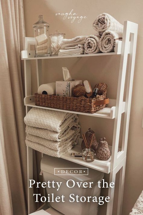 Shelving Ideas Bathroom, Bathroom Shelf Decor Ideas, Bathroom Shelving Ideas, Bathroom Storage Over Toilet, Couples Bathroom, Shelf Decor Ideas, Small Tile Shower, Over Toilet Storage, Small Bathroom Tiles