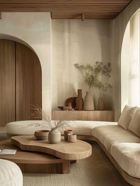 Arched Niche, Wooden Paneling, Urban Minimalism, Wooden Coffee Tables, Beige Sectional, Japandi Interior Design, Japandi Home, Japandi Living, Elegant Interior Design