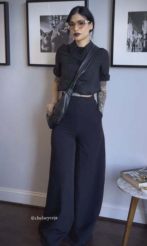 Goth Trousers Outfit, Goth Corporate Outfit, Modern Gothic Outfits, Wide Leg Tailored Pants Outfit, Gothic Corporate Work Outfits, Basic Alt Outfits, Professional Grunge Outfits, Corporate Goth Aesthetic, Gothic Office Outfit