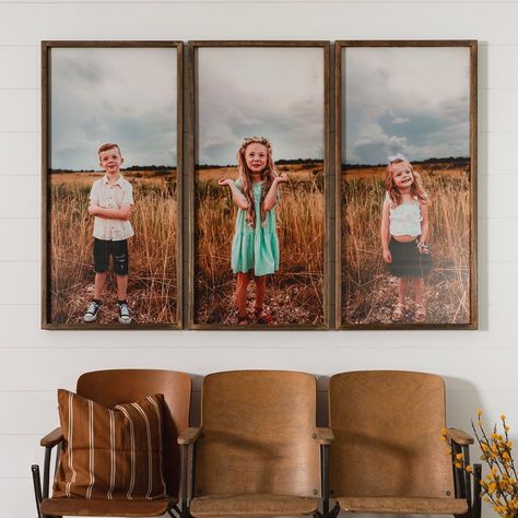 @pretty.in.polka.dots shared a photo on Instagram: “Cutest trio! These wood photo prints are an inch shy of 4 FEET TALL! Such a statement! Swipe for a close up 😍 . . 📷:…” • Oct 6, 2020 at 11:54pm UTC Individual Family Portraits On Wall, Kid Portraits On Wall, Kids Pictures On Wall, Kids Portraits On Wall, Smallwoods Picture Ideas, Portrait Wall Ideas, Creative Family Pictures, Family Of 4 Poses, Texas Ranch House