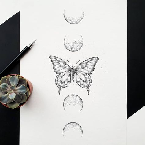 butterfly and moon phases print / buttrerfly dotwork / moon phases tattoo dotwork / moon phases drawing / bitterfly printable / butterfly tattoo ideas Butterfly Phases Tattoo, Butterfly With Moon Phases Tattoo, Moth Moon Phase Tattoo, Moth With Moon Phases Tattoo, Minimalistic Butterfly, Detailed Moon Phase Tattoo, Butterfly Moon, Butterfly Tattoos Images, Moon Phases Tattoo