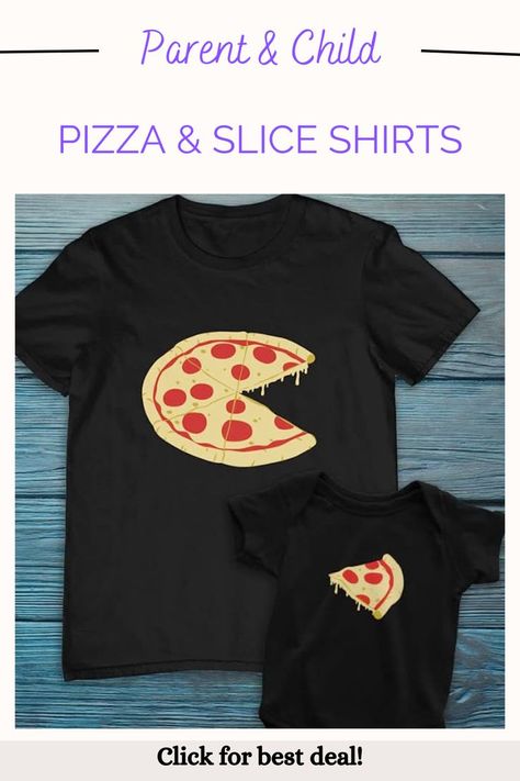 Black t-shirt, 2 pack, for parent and child. Both shirts are black. Adult shirt has a large pepperoni pizza on it, with one slice missing. The child's t-shirt depicts the one missing slice of pizza from the adult shirt. Pizza Onesie, Cute Pizza, Pizza Shirt, Pie Slice, Pizza Pie, Gifts For New Dads, Father Daughter, Baby Boy Or Girl, New Dads