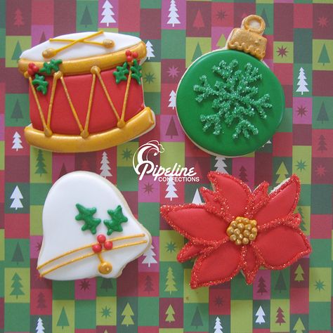 Christmas Cookies - Drum, Bell, Ornament, and Poinsettia Christmas Bell Cookies Decorated, Drum Cookies, Bell Cookies Decorated, Drum Ornament, Decorated Christmas Cookies, Winter Cookies, Mermaid Party Favors, Winter Cookie, Xmas Cookies