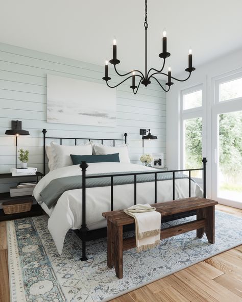 Small Modern Farmhouse Bedroom, Chandelier Coastal, Black Iron Beds, Guest Room Makeover, Bedroom Lighting Design, Black Metal Bed Frame, Black Metal Bed, Coastal Lighting, Iron Bed Frame