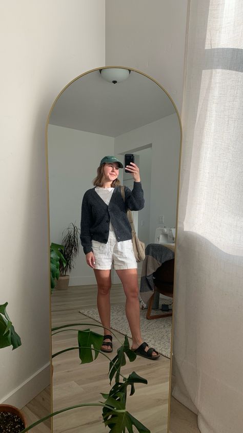 White top, white shorts, cardigan, birkenstocks, ball cap, womens style, spring style, white shorts style White On White Outfit, Ball Cap Outfit, Cap Outfit, Womens Style, Shorts Style, White On White, White Outfit, Style Spring, Spring Style