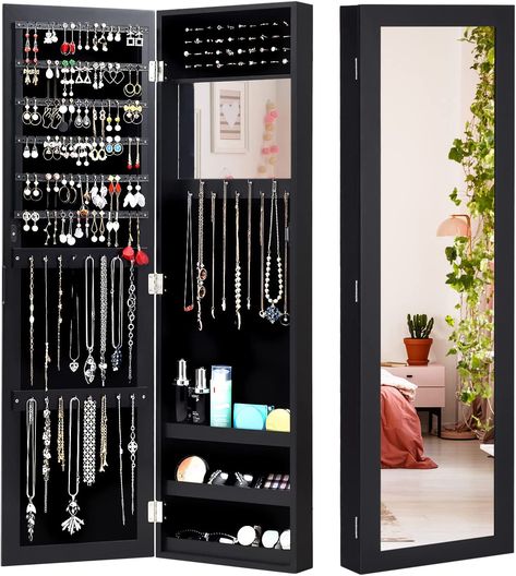 CASART 2-IN-1 Jewelry Cabinet, Wall & Door Mounted Jewelry Armoire with Full-Length Mirror & Built-In Small Mirror, Space-Saving Jewelry Organizer Hanging Storage Makeup Box (Black) : Amazon.co.uk: Home & Kitchen Jewelry Organizer Hanging, Mirror Space, Makeup Cabinet, Armoire With Mirror, Organizing Jewelry, Wall Mounted Jewelry Armoire, Mirror Jewellery Cabinet, Cabinet Wall, Light Jewelry