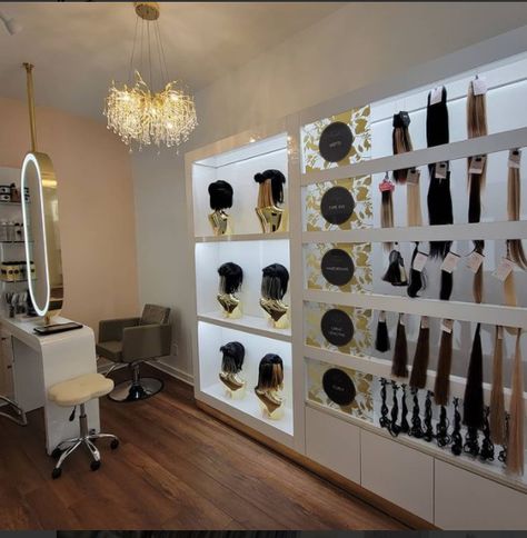 Hair Business Office, Upscale Hair Salon Decor Ideas, Boujee Hair Salon, Hair Extension Room Ideas, Hair Studio Ideas Small Spaces Luxe, Hair Boutique Ideas Decoration, Black Owned Beauty Supply Store Design, Wig Boutique Ideas, Wig Shelf Ideas