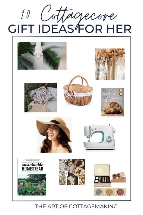 Cottagecore gift ideas for her are arranged in a graphic with books, decor, and more. Aesthetic Essentials, Cottagecore Life, Sustainable Homestead, Cottagecore Living, Cottagecore Gifts, Hot Pockets, Gift Ideas For Her, Cottagecore Aesthetic, Salt And Water