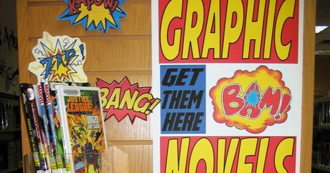 When I found this cool Avenger font on fontspace, I wanted to make a graphic novel display. So I did. The graphic novels are interfiled w... Graphic Novel Display, Library Resources, Library Art, Media Specialist, Library Displays, Graphic Novels, Graphic Novel, Avengers, Art Ideas