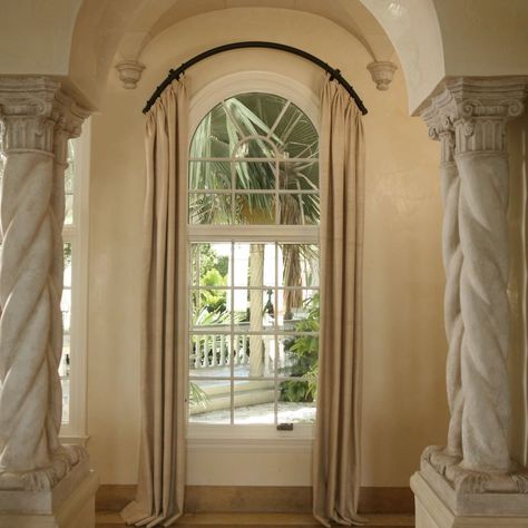 Room Divider Ideas Bedroom, Bathroom French Doors, Arched Window Coverings, Curtains For Arched Windows, Arched Window Treatments, Hot Tub Room, Doorway Decor, French Door Curtains, Arch Doorway