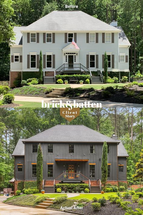 Learn how we helped this client take her home from traditional to contemporary and see the process from start to finish: https://bit.ly/45tIKbs #brickandbatten #exteriordesign #contemporarydesign Modern Colonial Exterior House Design, Colonial House Exterior Makeover, Brick And Batten, Dark Board And Batten, Modern Colonial Exterior, Modern Colonial Home, Exterior Updates, Colonial House Exteriors, Board And Batten Exterior