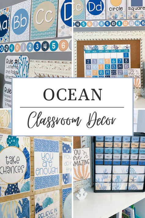 Looking for a Ocean classroom decor theme?This classroom décor bundle will go perfectly in a beach or ocean themed classroom. I think it would also look great with blue or green colored decor! There are a ton of printable and editable decor pieces to help make your classroom more beautiful.  #oceandecor #oceanclassroom #beachdecor #beachclassroom #classdecor #classroomdecor #classroom #teaching #oceanclassdecor Blue Themed Classroom, Ocean School Theme, Sea Classroom Decorations, Mermaid Classroom Theme, Classroom Ocean Theme, Beach Farmhouse Decor Coastal Style, Ocean Themed Classroom Ideas, Blue Classroom Theme, Blue Classroom Decor