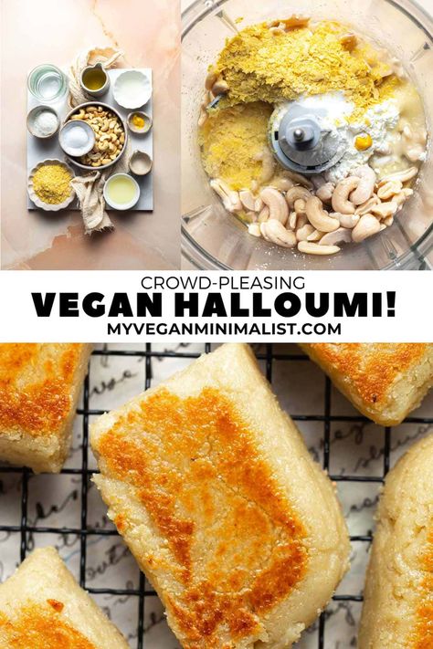 This vegan halloumi cheese is a fun dairy-free alternative based on cashews. Surprisingly easy to make, this vegan cheese is tangy, salty, chewy, and SO versatile! If you're a cheese lover embracing a plant-based diet, this one's for you! After my vegan burrata recipe went viral and became my most popular blog post, I explored vegan cheeses further and created this vegan halloumi alternative. This salty cheese is perfect on everything from a Greek salad to pasta, sandwiches, and even pizza. Vegetarian Recipes Without Cheese, Easy Gluten Free Vegan Recipes, Vegan Chopped Cheese, Plant Based Cheese Recipes, Vegan Salty Snacks, Soft Cheese Recipes, Vegan Pizza Salad, Fun Vegan Recipes, Vegan Mozzarella Balls