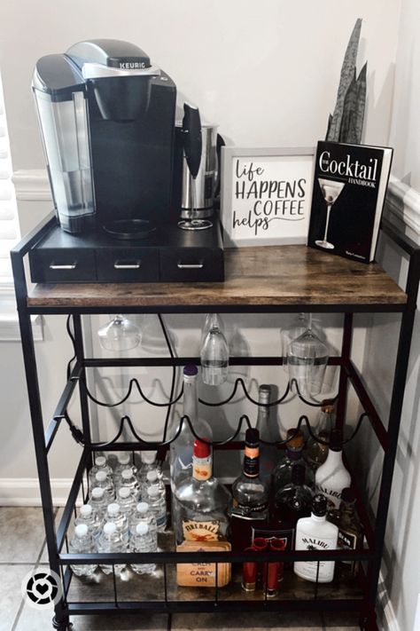 Coffee And Wine Bar Cart, Coffee And Alcohol Bar Cart, Bar Cart And Coffee Station, Coffee And Wine Cart Ideas, Bar Cart Location, Bar Cart In Kitchen Ideas, Basement Bar Cart Ideas, Liquor Coffee Bar, Coffee And Bar Cart Ideas