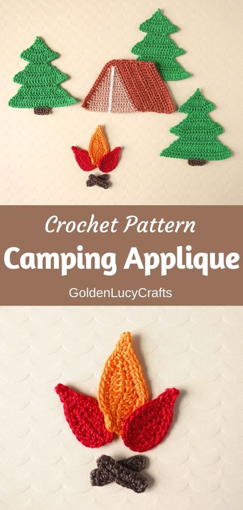 This camping crochet applique will make cute embellishment for any camping or adventure theme items! Tent, campfire and fir tree applique. Free crochet pattern, crochet motif, Father’s Day. Camping Crochet, Camping Applique, Crochet Trees, Eagle Quilt, Crochet Woodland, Crochet Appliqué, Tree Applique, Crochet Applique Patterns Free, Crochet Appliques