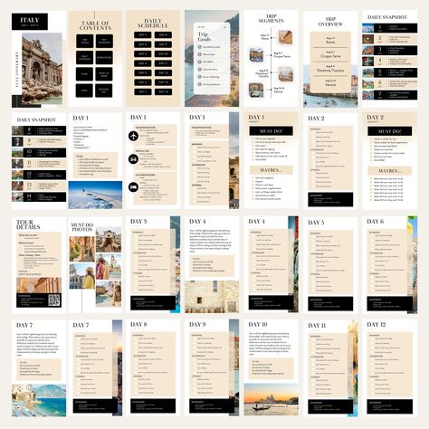 Mobile Travel Itinerary Template Minimalist C Travel Itinerary Design Layout, Itenerary Travel Template Cute, Mobile Travel Itinerary, Canva Travel Itinerary, Travel Colour Palette, Itenerary Travel Design, Travel Itinerary Design, Trip Itinerary Template, Italian Honeymoon