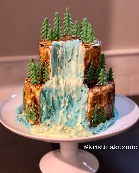 Bigfoot Cake Birthday, Mountain Shaped Cake, National Park Cake, Geography Cake, Bored Baking, Camping Theme Cakes, Waterfall Cake, Gym Party, Bug Cake