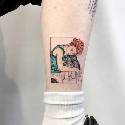 Kozo_tattoo on Instagram: “Egon Schiele is one of my favorites ✨” Egon Schiele Tattoo, Badass Tattoos For Men, Great Tattoo Ideas, Cute Tattoo Ideas, Leg Tattoo Ideas, Best Leg Tattoos, Tattoos For Men And Women, History Tattoos, Cute Tattoo