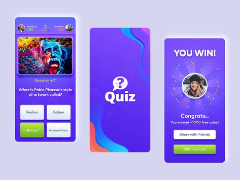 Quiz app by Artoon Solutions Quiz Interface Design, Quiz Layout Design, Quiz Game Design, Quiz Design Ideas, Quiz Game Ui, Quiz Ui Design, Quiz App Ui, Game App Ui, Game Interface Design