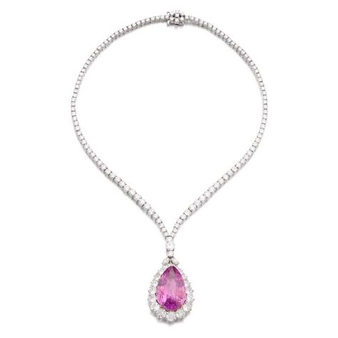 Pink sapphire and diamond necklace | Important Jewels | 2022 | Sotheby's Sparkle Jewelry, Fancy Jewelry, Sapphire Necklace, High Jewelry, Brilliant Cut Diamond, Pink Sapphire, Luxury Jewelry, Pear Shaped, Diamond Necklace