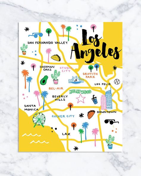 Los Angeles California Photography, Vacation Map, Map Of Los Angeles, Spot Illustration, Postcard Ideas, Los Angeles Map, Los Angeles Travel, Posca Art, Usa Map