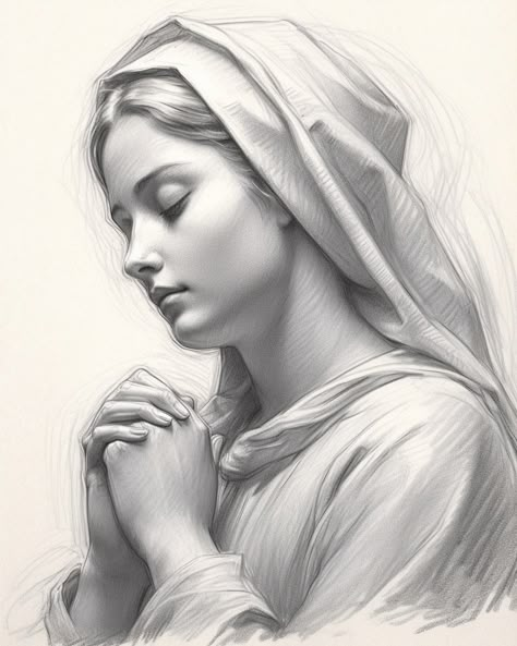 Catholic Art | Virgin Mary, please pray for us and our families Praying Art, Virgin Mary Drawing, Virgin Mary Praying, Mary Praying, Angel Sculpture Art, Mary Jesus Mother, Abstract Tattoo Ideas, Mary Art, Christ Tattoo