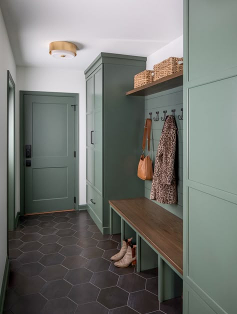 Ben Moore Enchanted Forest dark hex tile floor custom cabinetry custom millwork modern organic style colorful mudroom interior design entryway Design by Design Manifest Photo by Raquel Langworthy Mudroom Remodel, Laundry Room/mud Room, Mud Room Entry, Mudroom Entryway, Mudroom Decor, Mudroom Laundry Room, Mud Room Storage, Mudroom Design, Boot Room