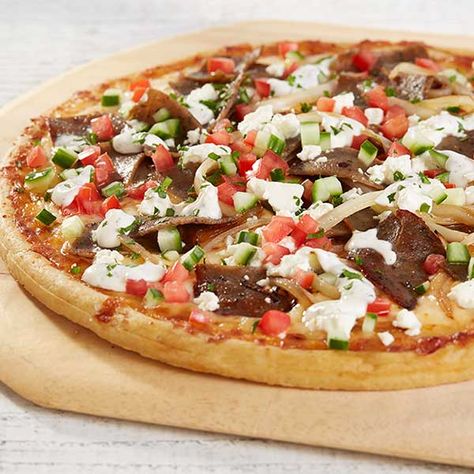 Gyro Inspired Pizza Recipe | Home Run Inn Gyro Pizza Recipe, Gyro Pizza, Home Run Inn Pizza, Food Tray Ideas, Pizza Home, Homemade Pizza Recipe, Greek Gyros, Meat Pizza, Easy Homemade Pizza