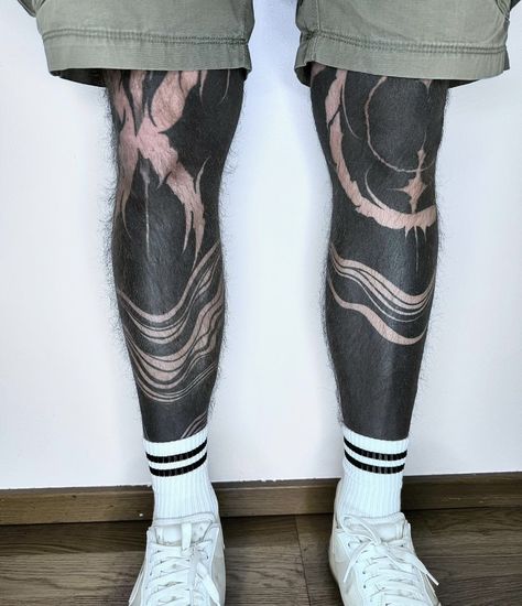 Leg Blackout Tattoo, Blackout Legs Tattoo, Blackwork Leg Sleeve, Black Out Leg Tattoo, Blackout Tattoo Leg, Negative Tattoo, Black Sleeve Tattoo, Geometric Line Tattoo, Shin Tattoo