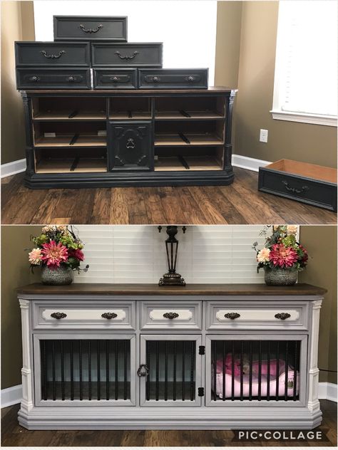 Pet/Dog Kennel hubby and I made from an old dresser. Wanted a nice piece of furniture to stand out in our home instead of the old UGLY WIRE CRATES 😊 Used Rebar to give it more of a rustic look & repainted using Chalk paint from American Decor. Dog Kennel And Run, Building A Dog Kennel, Custom Dog Kennel, Diy Dog Crate, Dog Kennel Furniture, Diy Dog Kennel, Dog Crate Furniture, Using Chalk Paint, Dog Rooms