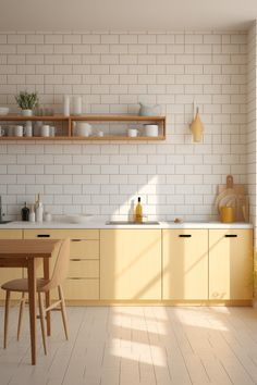 Yellow Pastel Kitchen, Simple Wooden Kitchen Cabinets, Copenhagen Kitchen Design, Yellow Plywood Kitchen, Yellow Mid Century Kitchen, Kitchen Yellow Cabinets, Yellow And Beige Kitchen, Scandinavian Kitchen Floor, Pastel Yellow Kitchen Cabinets