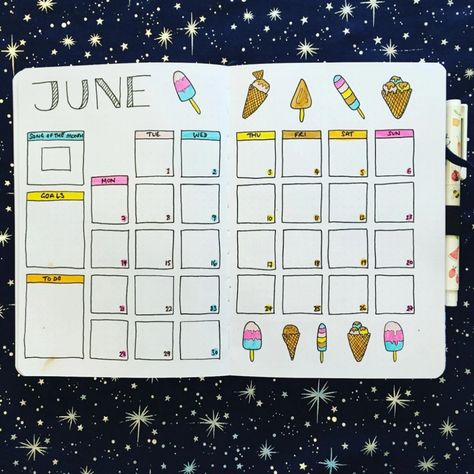 June Calendar 2024 Bullet Journal, June Spread Bullet Journal, June Bullet Journal Calendar, Ice Cream Bullet Journal, June Bullet Journal Ideas, June Bullet Journal Cover, June Bujo, June Bullet Journal, Bullet Journal August