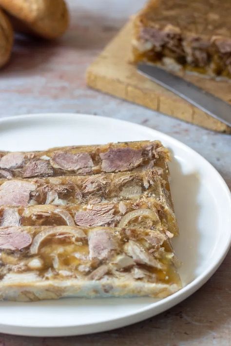 Pork Head Cheese ('Schweinekopfsülze') - My German Table Head Cheese Recipe, Pork Head, Hog's Head Cheese, Head Cheese, Pork Hock, Pork Broth, Turkey Ham, Using A Pressure Cooker, Rustic Bread