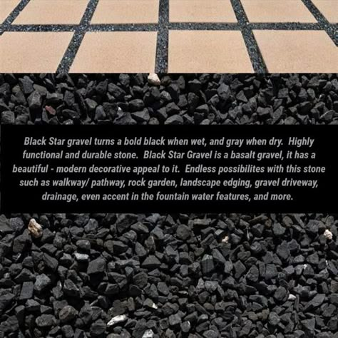 Decorative, modern, black/gray landscaping gravel Black Rock Backyard, Black Mulch Modern Landscaping, Black Rocks Backyard, Black Walkway Pathways, Edging Rock Landscaping, Black And White Landscaping Ideas, Modern Landscape Edging Ideas, Pool With Gravel Around, Black Rock For Landscaping